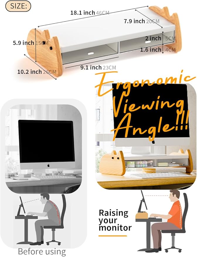 Monitor Stand Riser,Wooden & MDF Computer Desktop Stand with Acrylic Drawer,Laptop Stand Riser Holder ,Table Holder Desk Organizer Storage Stand for Laptop,Printer,TV,15.7 inch,Cute Cat