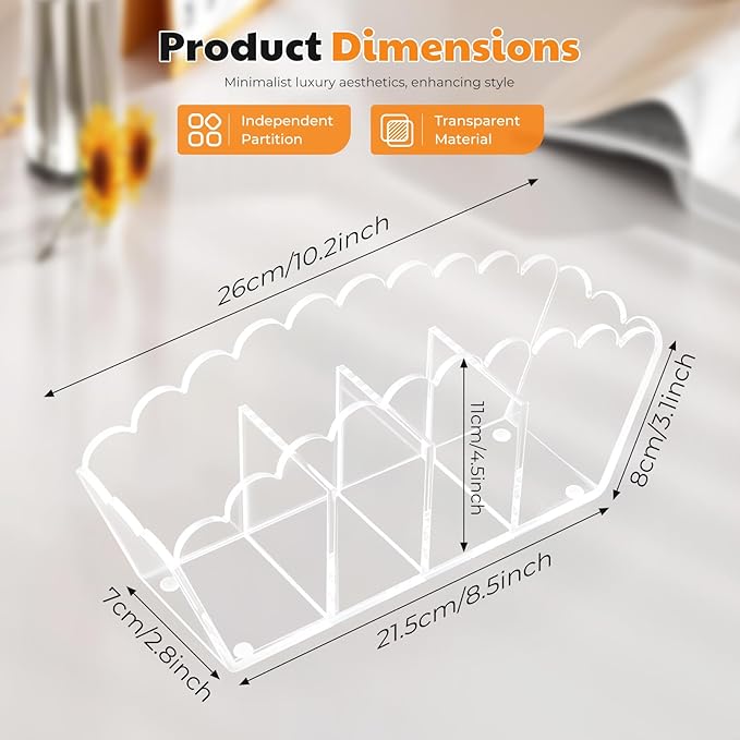 Scalloped Acrylic Pencil Holder – Clear Desk Organizer with 4 Compartments – Makeup Brush Holder & Remote Caddy for Office, Bathroom, Table – Party Accessory （4-Comp）
