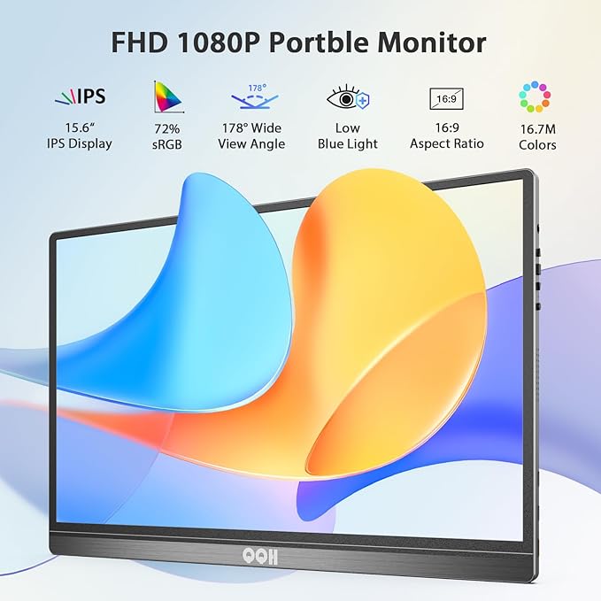 QQH Portable Monitor, 15.6 Inch FHD 1080P USB C HDMI Alloy Travel Screen for Laptop with w/Smart Cover & Built-in Speaker, Plug&Play Ultra Slim Portable Second Monitor for Laptop PC Phone Mac