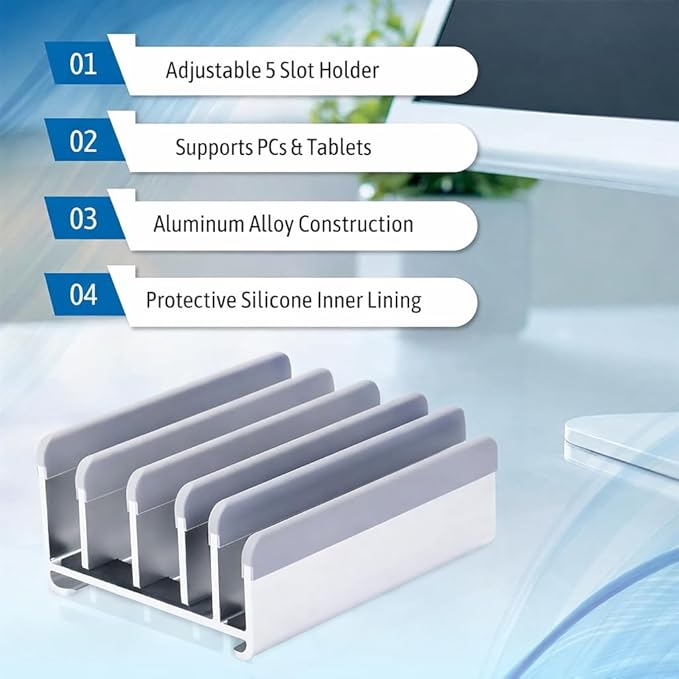 Elestoria 5- Slot Vertical Laptop Stand - Aluminum Laptop Stand Vertical for Desk - Adjustable Width (12-38mm) Fits MacBook Pro/Air, Surface & Gaming Laptops upto 17.3"-Heavy Duty Laptop Holder-Silver