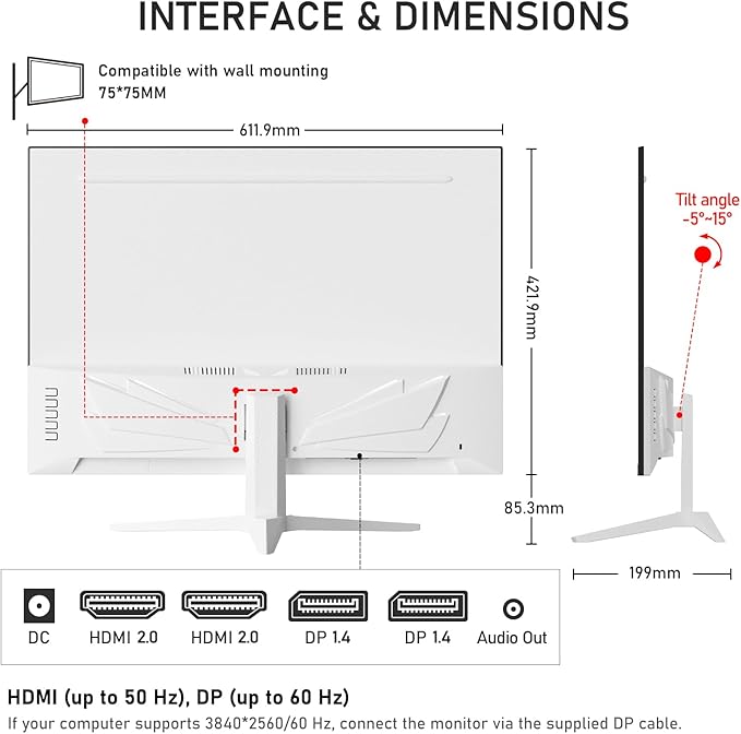 Gawfolk 28 inch UHD 4K Computer Monitor, IPS Ultra HD (3840×2560p) Screen, 3:2, 10Bit, 1.07 Billion Colours, 128% sRGB, Built-in Speakers, 178° Wide Viewing Angle DisplayPort, HDMI, White
