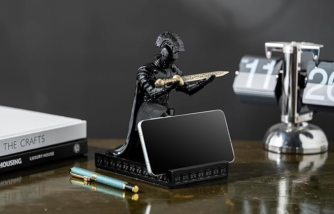 Roman Praetorian Prefect Warrior Knight Pen Holder Desk Ornament Resin Praetorian Guard Mobile Phone Stand Desk Accessories and Organizer for Office with a Letter Opener (Black)
