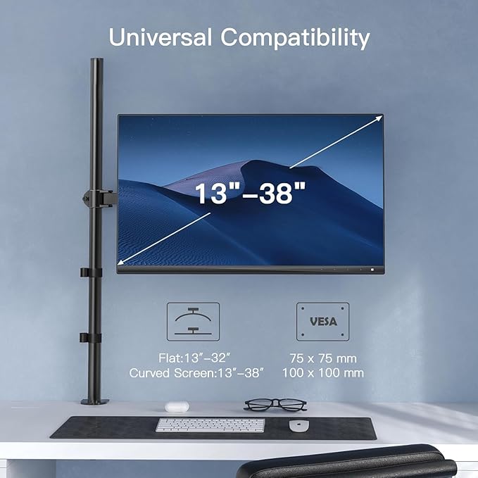 HUANUO Single Monitor Arm with 39 inch Extra-Tall Pole, Adjustable Computer Desk Mount for 13–32 inch Screens and up to 38 inch Ultrawide Screens, Hold 22 lbs, Monitor Stand with C-Clamp & Grommt Base