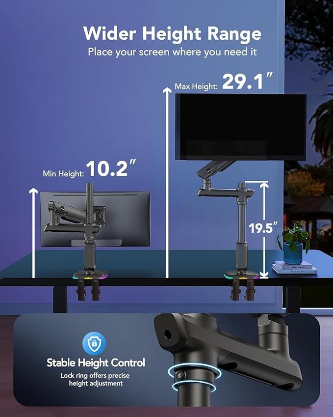 HUANUO RGB Heavy Duty Monitor Arm for Ultrawide Screens up to 34", Holds 33 lbs, Tall Ultrawide Monitor Stand with 29.1" Max Height, Fully Adjustable Single Computer Desk Mount, Max VESA 100x100mm