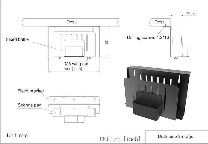 JINGCHENGMEI Desk Side Storage Organizer, Steel Under Desk Laptop Mount, Depth Adjustable Hanging File Organizer, Drilling Laptop Storage Holder with Magnetic Pen Holder for Office or Home