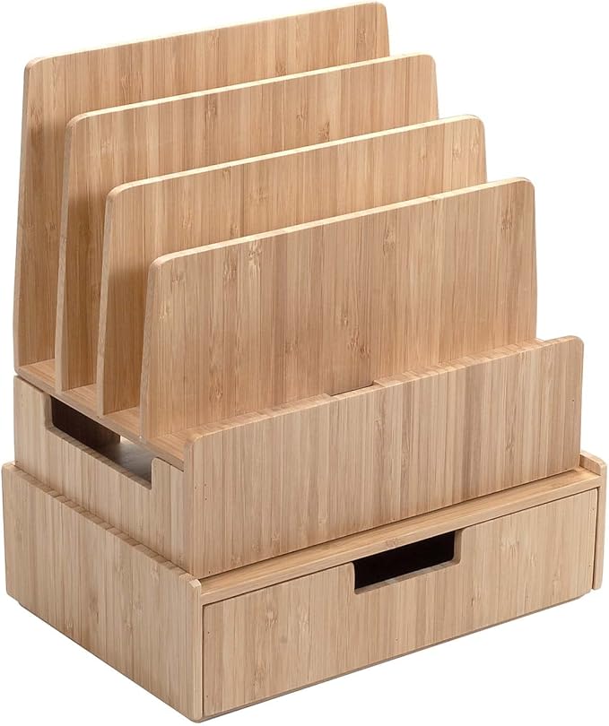 Charging Station Stand Combo with Bamboo Drawer; Extra Storage for Smartphones, Tablets, Laptops & Organizer for Office Supplies and Stationary Items