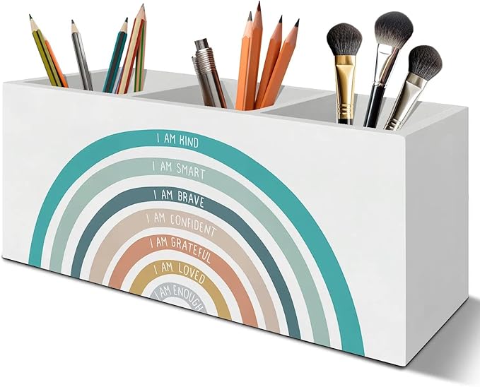 Boho Colorful Rainbow Pen Pencil Holder Organizer for Desk Accessories, Boho Classroom Decor, I Am Kind Inspirational Wooden Box Signs Decorations for Kids Room Home Desk Tabletop