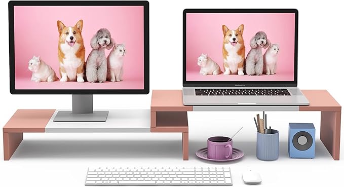 WESTREE Dual Monitor Stand - Monitor Stand Riser - 2 Shelf Computer Monitor Stand with Adjustable Length and Angle, Monitor Stands for 2 Monitors, Desktop Organizer Stand Office Furniture for PC, Computer, Laptop