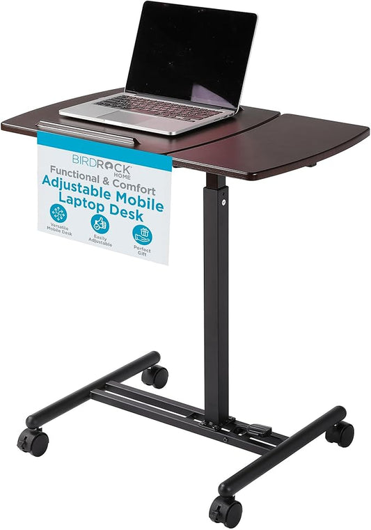 BIRDROCK HOME Adjustable Mobile Laptop Stand - Brown - Portable Rolling Standing Desk - Computer Stands - Four Wheels - Overbed or Bedside Table