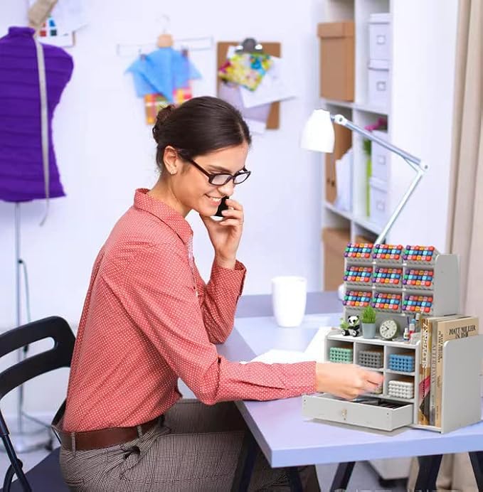 Pen organizer for desk,Marker organizer,Pen holder with drawer,Pencil Holder,with 15 Compartments and 1 Drawer, 1 File Holder Multi-Functional Desk Organizers (White)