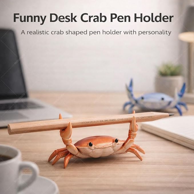 Desk Crab Pen Holder, Funny Weightlifting Crab Pencil Holder, Realistic Crab Shaped Spoon Holders & Pen Stand, Cute Desk Decor, Creative Penholders Office Desk Accessories Organizer (Blue)