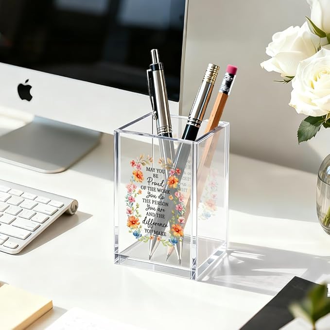 Be Proud Of The Work Acrylic Cosmetic Organizer Pen Holder, Funny Acrylic Desk Holder Cup for Pen Pencil, Inspirational Office Gifts for Coworker, Thank You Gifts for Women Leader boss Staff