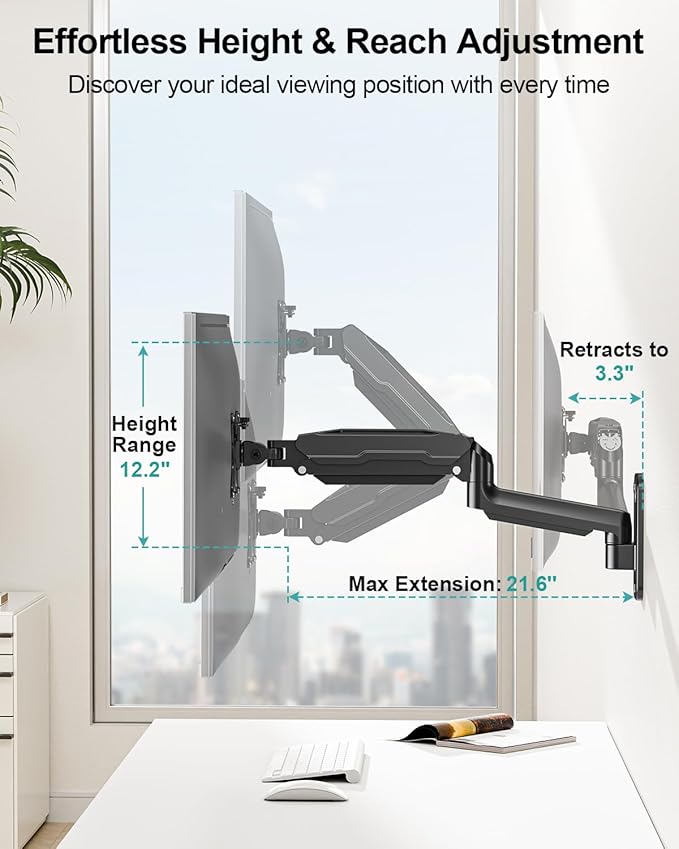 MOUNT PRO Single Monitor Wall Mount for 13 to 32 Inch Computer Screens, Height Adjustable Wall Mount Monitor Arm Holds Up to 19.8lbs, Full Motion Wall Bracket, VESA Mount 75x75, 100x100, Black