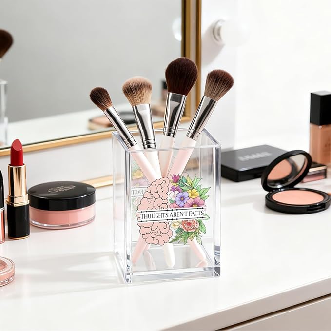 Thoughts Aren't Facts Acrylic Cosmetic Organizer Pen Holder, CBT Cognitive Behavioral Desk Storage Holder for Pen, Mental Health Recovery Gifts for Coworker, Therapy Office Gifts for Leader