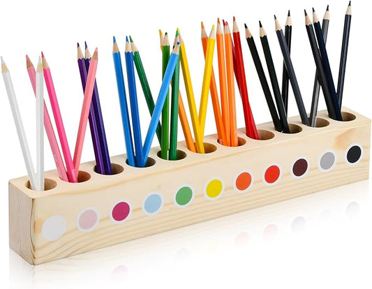 Colored Pencil Holder for Desk, 11-Compartment Wooden Crayon Organizer, Pen and Marker Holder for Classroom, School, Office