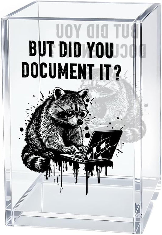 But Did You Document It Acrylic Cosmetic Organizer Pen Holder, Funny Acrylic Desk Holder Cup for Pen Pencil, Sarcastic Office Gifts for Coworker Mentor, Humorous Gifts for Racoon Lover Staff