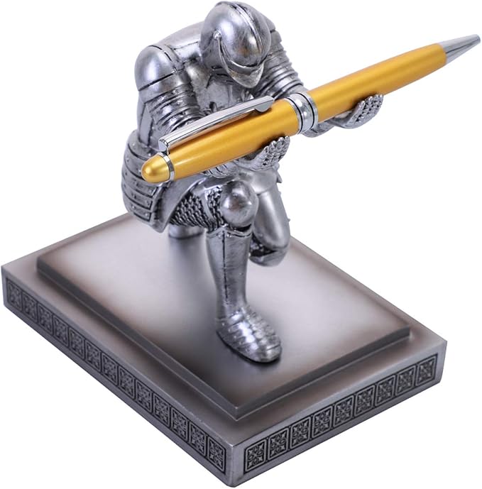 Knight Pen Holder Desk Ornament Resin Pencil Holders Desk Accessories and Organizer For Men with a Cool Pen (Silver)