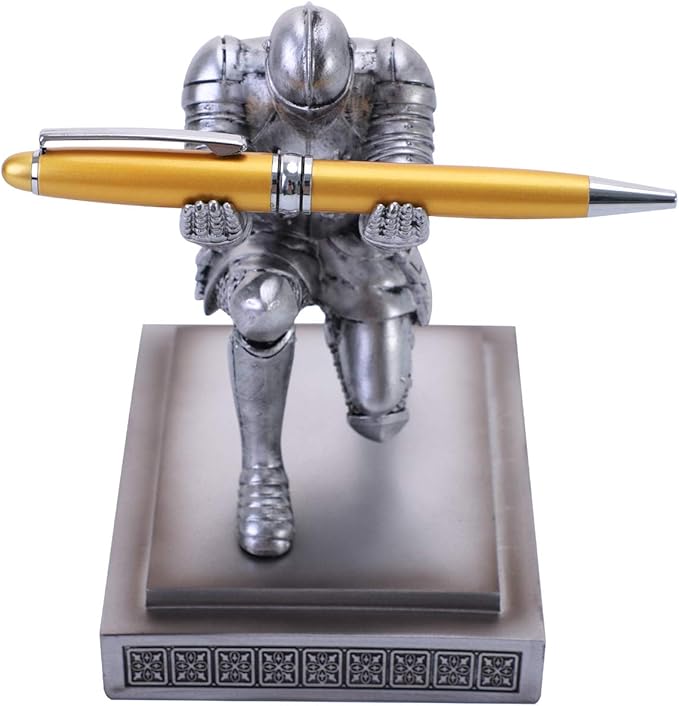 Knight Pen Holder Desk Ornament Resin Pencil Holders Desk Accessories and Organizer For Men with a Cool Pen (Silver)