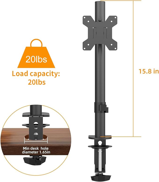 PHOLITEN Monitor Mount for Most 13-32" Computer Screens up to 20lbs,Adjustable Single Desk Monitor Stand with Tilt Swivel Rotation, VESA 75x75mm/100x100mm