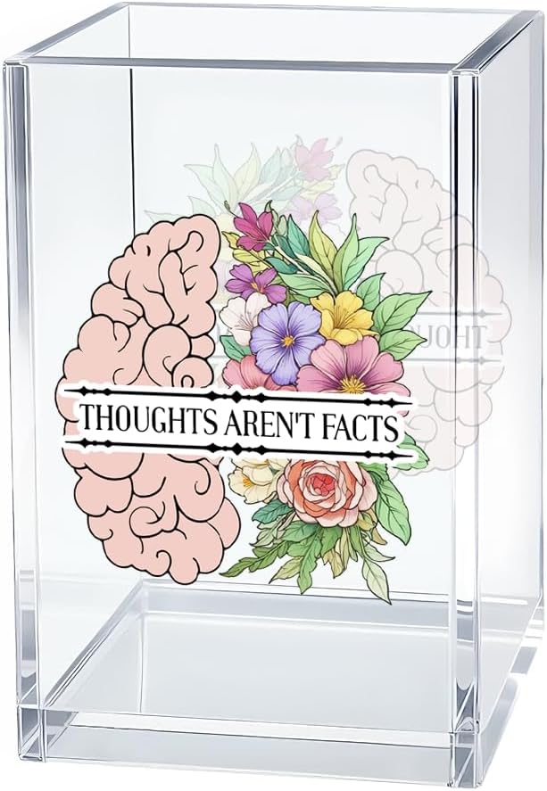 Thoughts Aren't Facts Acrylic Cosmetic Organizer Pen Holder, CBT Cognitive Behavioral Desk Storage Holder for Pen, Mental Health Recovery Gifts for Coworker, Therapy Office Gifts for Leader