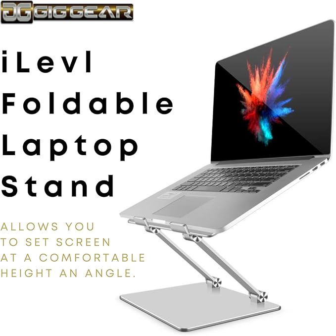 Gig Gear iLEVL Ergonomic Laptop Stand for Desk - Height Adjustable Laptop Riser Fits All Phone, Tablets, and Devices 10 to 17 Inches - Universal Multi-Angle Aluminum Foldable Laptop Stand (Silver)