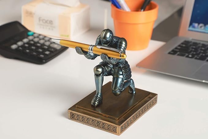 Knight Pen Holder Desk Ornament Resin Pencil Holders Desk Accessories and Organizer For Men with a Cool Pen (Blue)