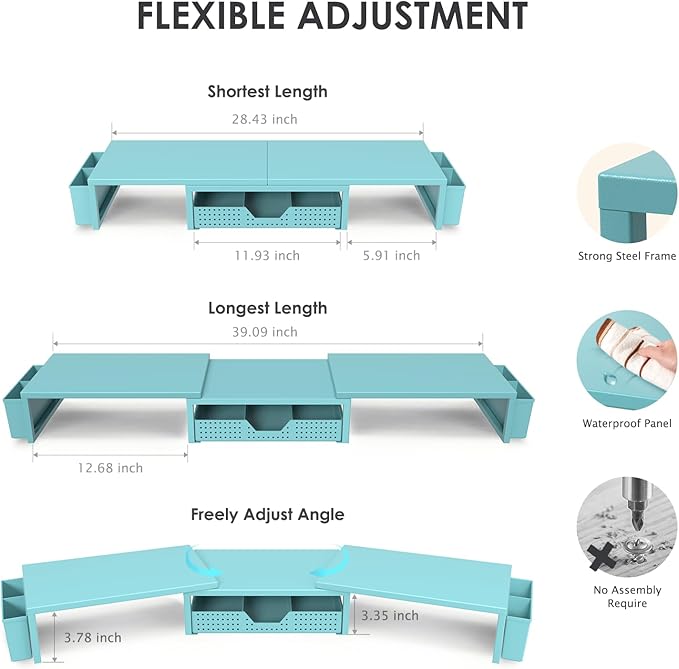 OPNICE Desk Organizers and Accessories, Dual Monitor Stand Riser with Drawer and 2 Pen Holders, Desk Shelf Metal Computer Monitor Stand for Office Workspace Organizers, Desktop Organization (Blue)