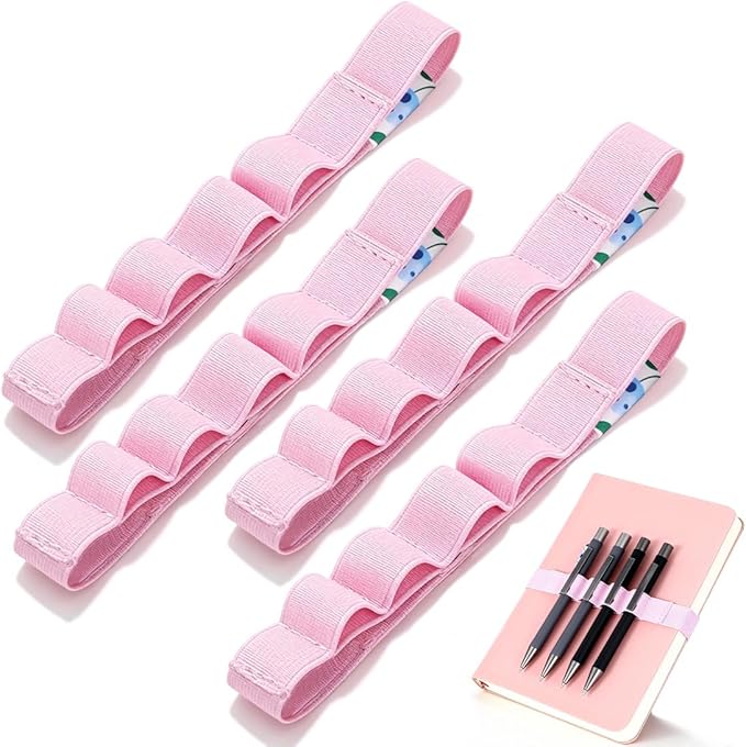 4-Pack Pen Loop Holder, Elastic Pen Loops for Notebook, Journaling, Office, Stretchable Pencil Organizer, Anti-Loss Desk Accessories (Pink)