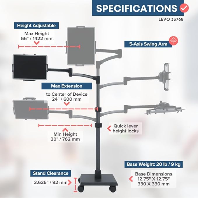 Levo G2 Premium Tablet Floor Stand with 5-Axis Adjustable Arm for iPad, Kindle, Samsung – Height Range 30–56 Inches – Hands-Free Reading, Streaming, Gaming, and Browsing in Bed, Sofa, or Chair