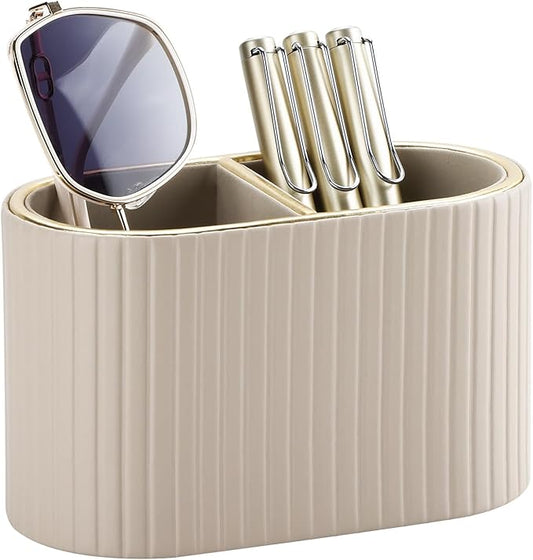 KINGFOM PU Leather Desk Organizer Pen Holder – Dual-Compartment Stylish Pencil Cup Remote Control Holder Desktop Supplies and Accessories Organizer Caddy for Office Home School (Mocha Beige)