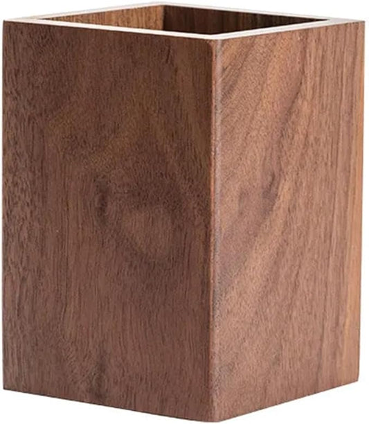 Wooden Pen Holder for Desk, Multi-Functional Pen Cup Pencil Holder for Office School Supplies Storage, Black Walnut Desk Organizer and Accessories（Square）
