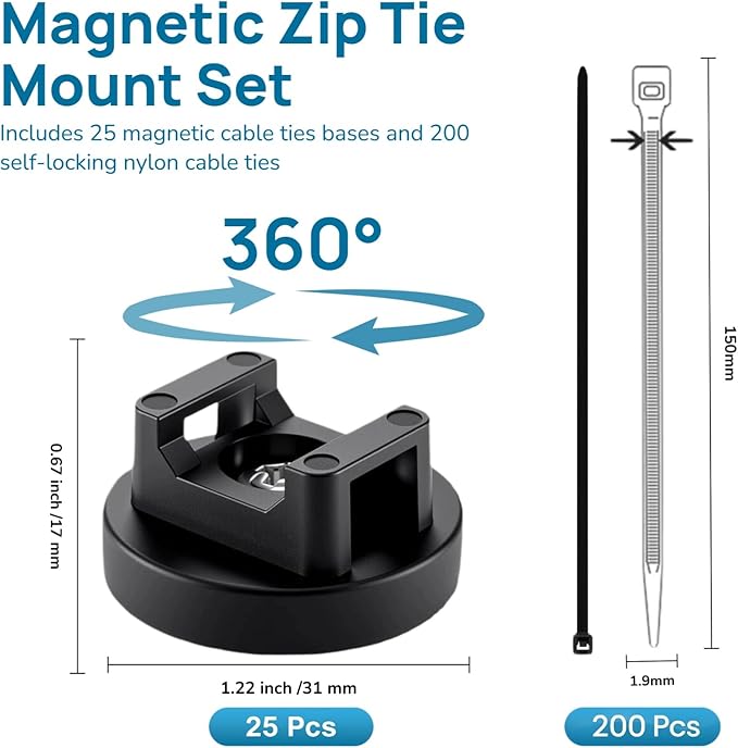 Magnetic Cable Ties Set, 25 Magnetic Zip Tie Mounts with 200 Cable Ties, Strong Wire Holder Cables Management, Multipurpose Electrical Cord Holders Organizer (31mm)