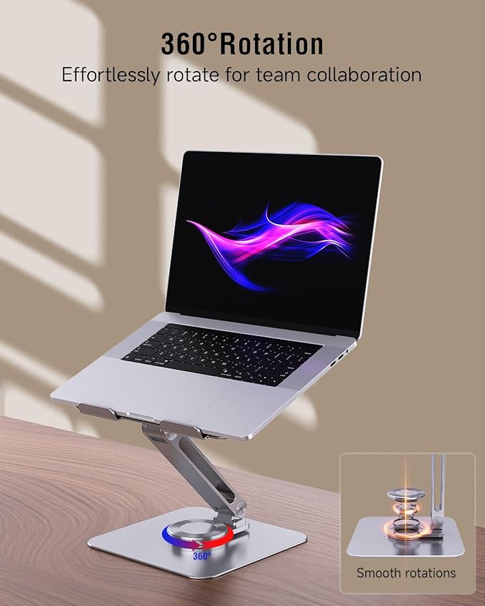 Adjustable Laptop Stand for Desk, 360° Rotating Base Portable Laptop Stand, Aluminum Alloy Foldable Computer Printer Riser Holder for Office Home Fits MacBook Air Pro, HP (10-17.3'') - Silver