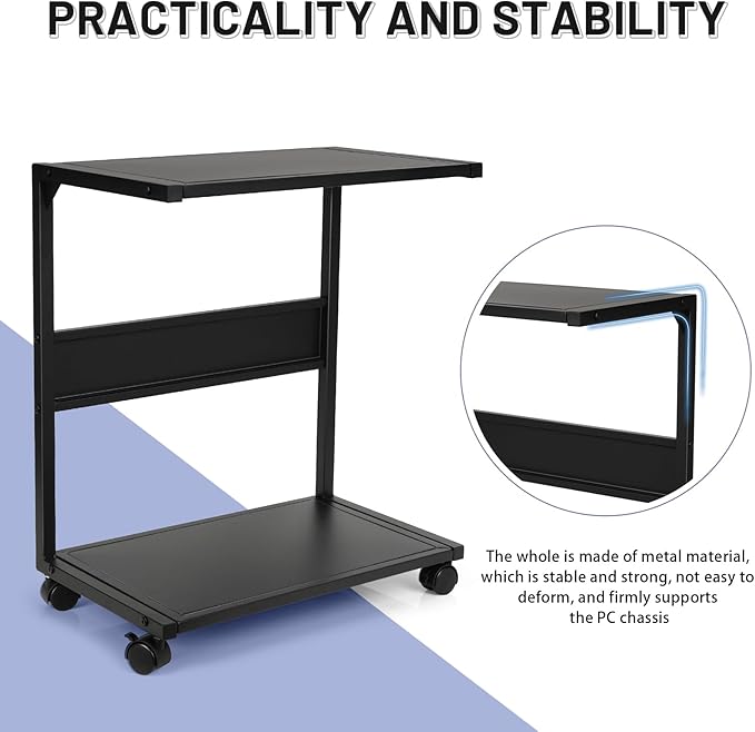 PC Stand Computer Tower Stand 2-Tier Metal CPU Holder with Locking Caster Wheels Suitable for Most PC (Black, L)