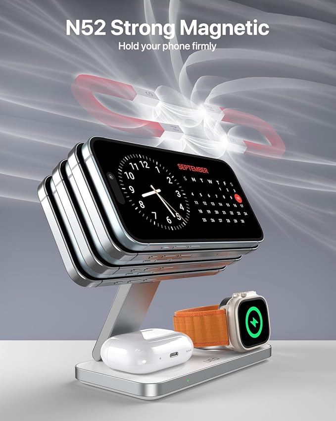 Foldable 3 in 1 Wireless Charging Station for Apple Compatible with Magsafe Charger Stand,Magnetic Wireless Charger Station for iPhone 17 Air 16 15 14 13 12 Series,Airpods Pro,Apple Watch (White)