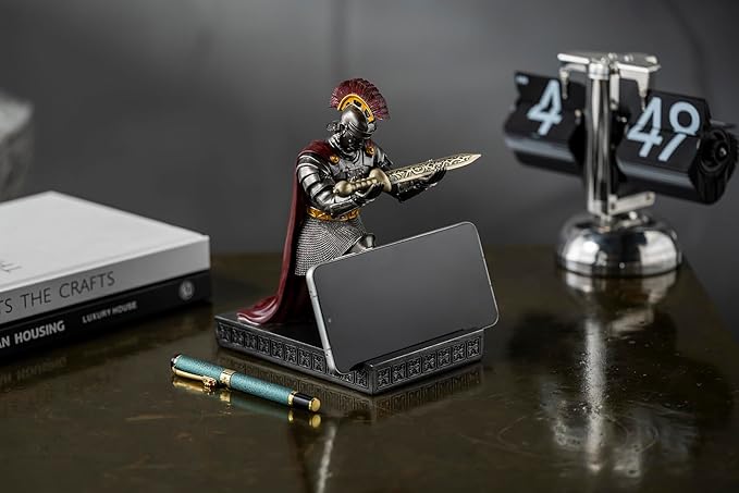 Roman Praetorian Prefect Warrior Knight Pen Holder Desk Ornament Resin Praetorian Guard Mobile Phone Stand Desk Accessories and Organizer for Office with a Letter Opener (Iron)