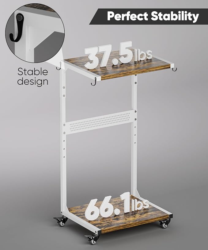 Computer Tower Stand, 2-Tier Metal CPU Holder Stand with Lockable Wheels, Adjustable Under Desk PC Shelf, Mobile Rolling Computer Cart for Home, Office, Gamers and Students, White