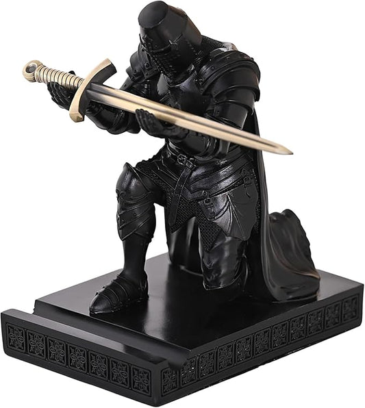 Medieval Templar Vanguard Officer Knight Pen Holder Pen Stand Desk Organizers and Accessories Resin Mobile Phone Stand as Gift for Office and Home Desk Organizer (Black)