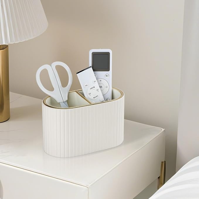 KINGFOM PU Leather Desk Organizer Pen Holder – Dual-Compartment Stylish Pencil Cup Remote Control Holder Desktop Supplies and Accessories Organizer Caddy for Office Home School (Light Beige)