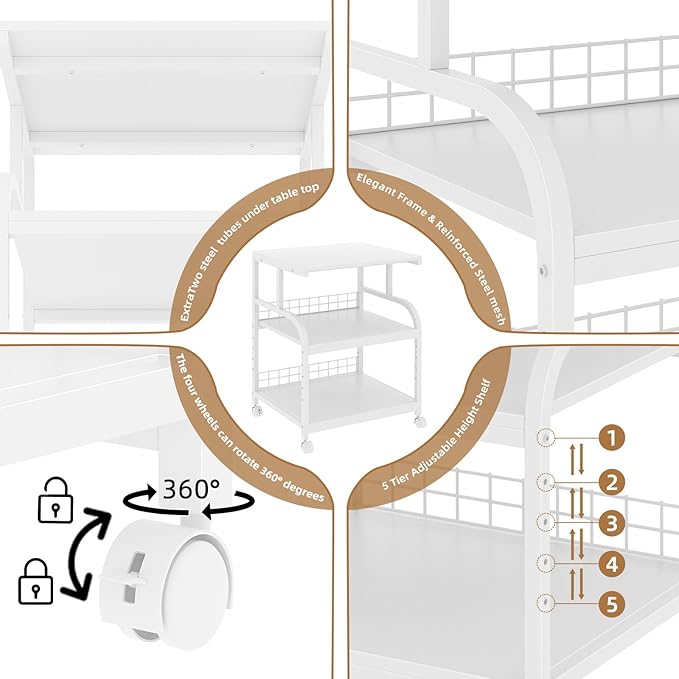 Lerliuo Large Printer Stand with Storage, 23.6"W x 18.9"D x 30.2"H, 5-Adjustable Shelf Heights Mobile 3 Tier Table with Lockable Wheels, Industrial Rolling Printer Cart, White Stands for Home Office