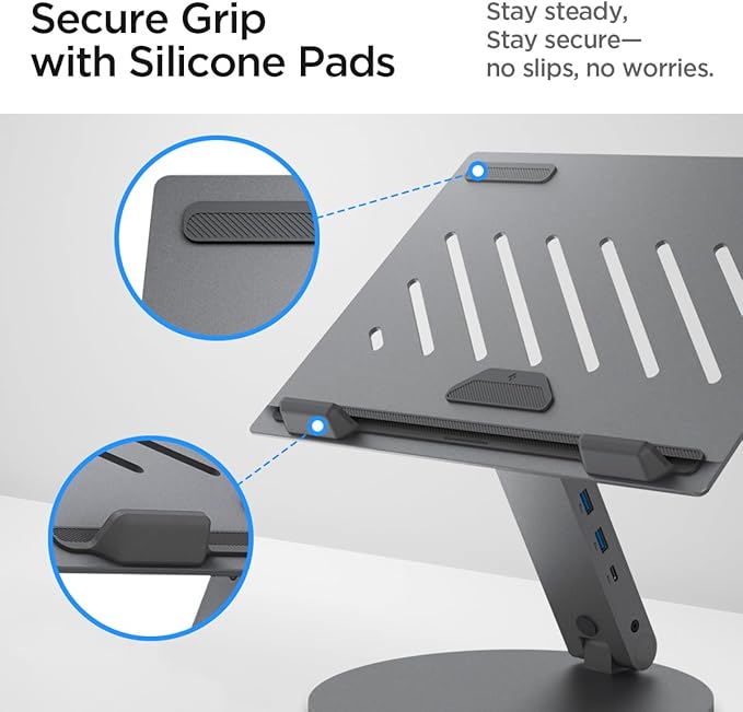 Spigen ArcDock Laptop Stand with 6 in 1 Hub USB-A 3.0, USB-C 3.0, PD 100W, 4K 60Hz HDMI Universal Adjustable Folding Laptop Dock with 360 Rotating Base - Space Grey