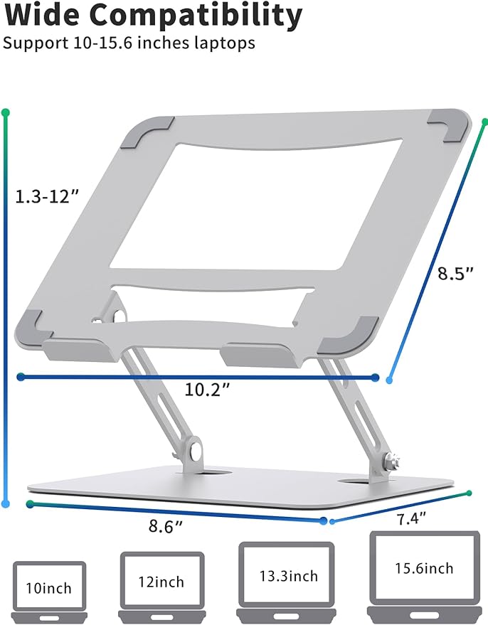 SOUNDANCE Laptop Stand for Desk with Stable Heavy Base, Adjustable Height Multi-Angle, Ergonomic Metal Riser Holder, Foldable Mount Elevator, Compatible with 10 to 15.6 Inches PC Computer, Silver