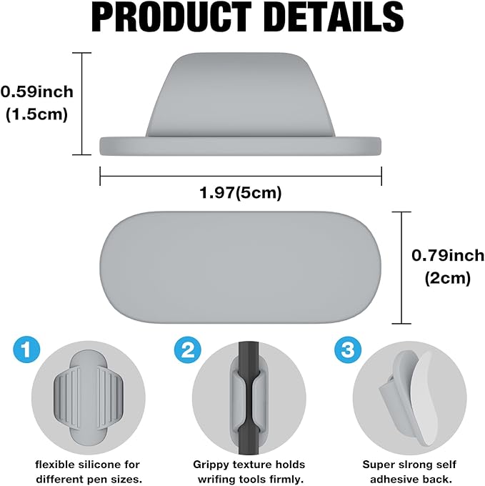 Adhesive Pencil Holders for Desk Silicone Pen Holder Organizer for Desk Accessories,Teacher Supplies for Classroom, Office, School Accessories,Notebook, WallS or Clipboards（10PCS,Grey）