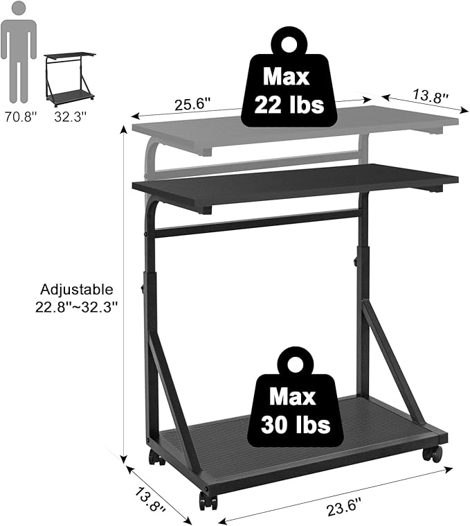 Computer Tower Stand, 2-Tier CPU Stand with Lockable Wheels, Adjustable Height PC Stand for Floor, Mobile PC Laptop Standing Table for Home Office (Black)