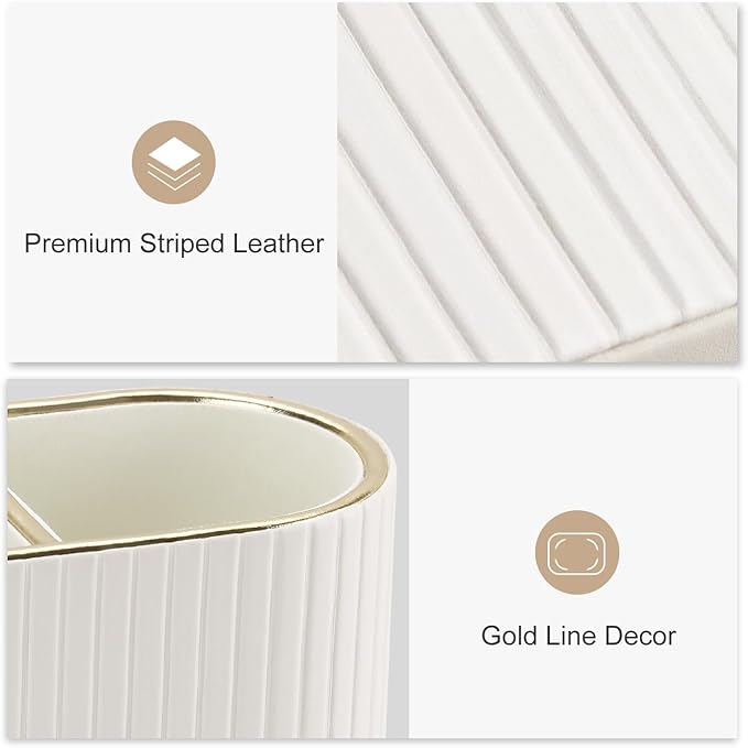 KINGFOM PU Leather Desk Organizer Pen Holder – Dual-Compartment Stylish Pencil Cup Remote Control Holder Desktop Supplies and Accessories Organizer Caddy for Office Home School (Light Beige)