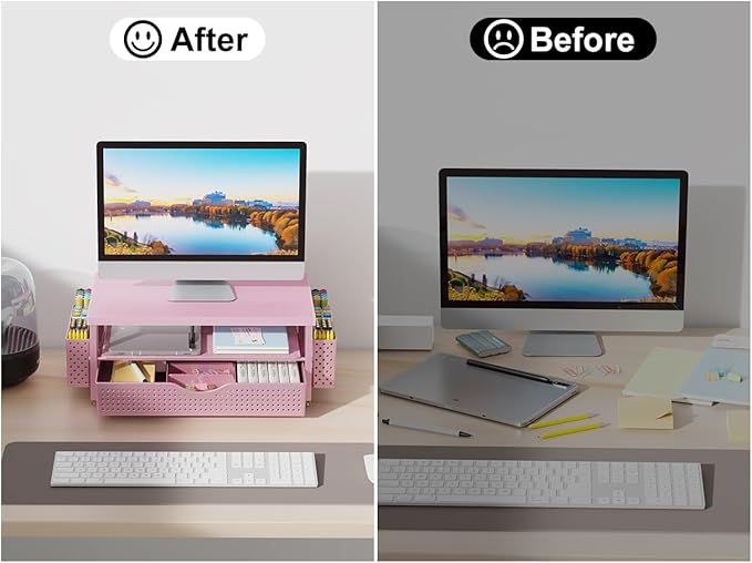 gianotter Wood Monitor Stand Riser, Desk Organizer with Drawer and 2 Pen Holders, 2-Tier Workspace Organizer for Office Supplies(Pink Wood)