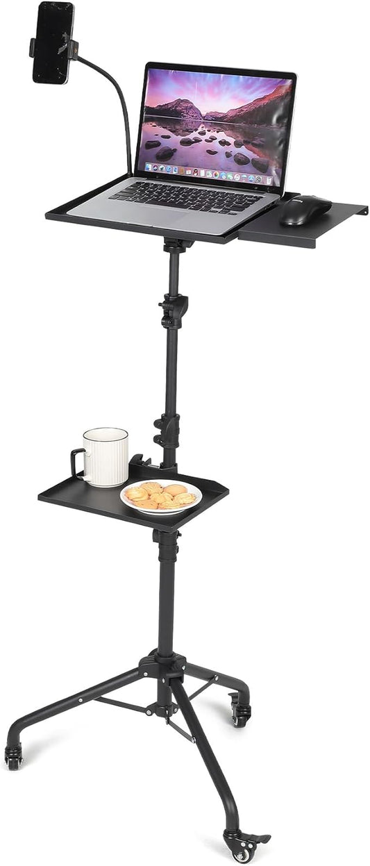 Garvee Projector Tripod Stand with Wheels, Laptop Tripod Projector Stand with 2 Shelves Mouse Tray Phone Holder, Adjustable Height 23 to 49 Inch Tripod, Portable Tripod Stand Office Home