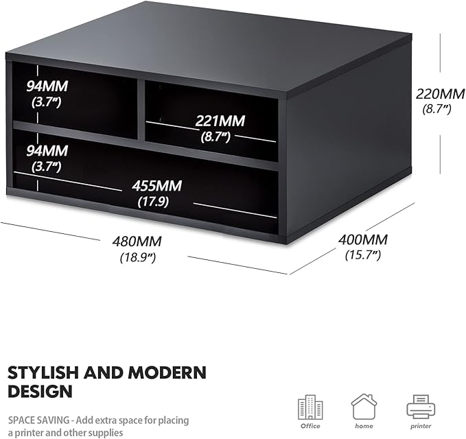 FITUEYES Large Printer Stands with 3 Storage Compartments, Desktop Paper Organizer Shelf for Home Office, 2-Tier Printer Riser, Black, 18.9" L x 15.7" W x 8.7" H