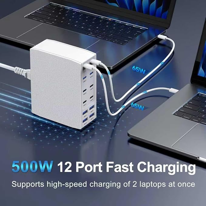 500W USB C Charger Block, 12-Port USB C Charging Station for Multiple Devices, Leather Texture Dual PD 65W Laptop Fast Charger Compatible with MacBook Pro/Air, iPad, iPhone,Galaxy and More, White