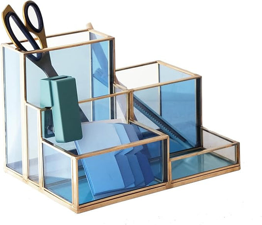 FONDAZZA 5-Compartment Desk Organizer for Home Office Supplies, Gold Brass with Blue Glass, Workspace Storage for Stationery, Cosmetic, Makeup Tools and Brush.